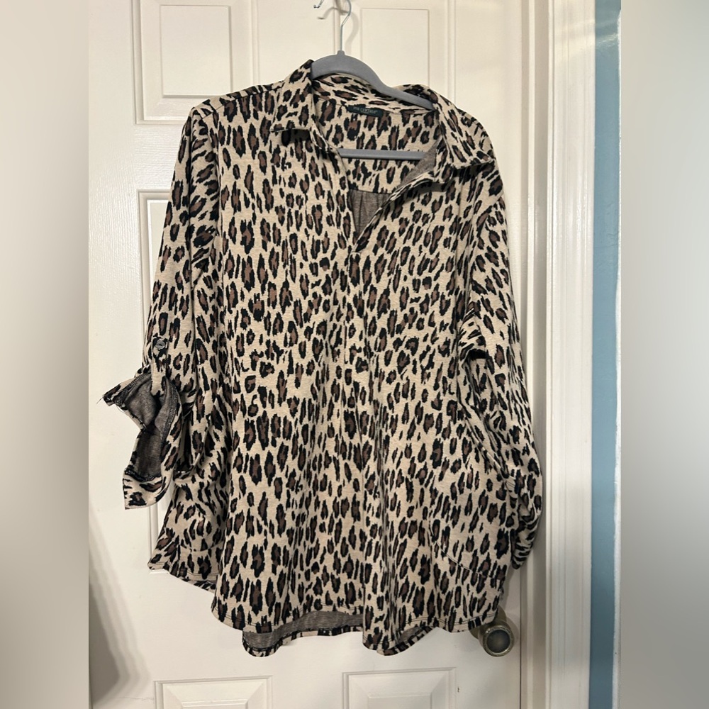 For Cynthia Leopard Animal Print Tunic with Roll Up Sleeves, Size 2X